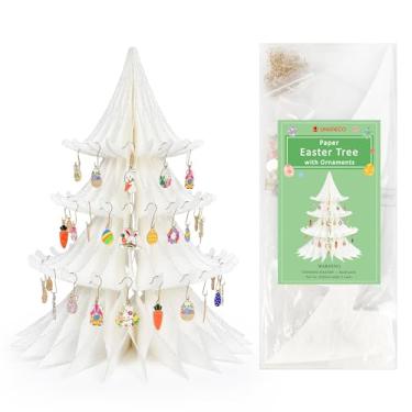 Imagem de Árvore de Páscoa de papel, decorações de árvore de Páscoa de 40 cm com 50 peças de enfeites de coelhinho de ovo, decoração de mesa para casa, aniversário, chá de bebê, festa de primavera (branca)