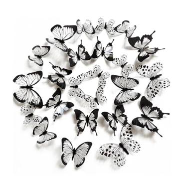 Imagem de Adesivos decorativos de borboleta 3D – Arte de parede realista em preto e branco para decoração de sala de estar, quarto e armário (24 peças)