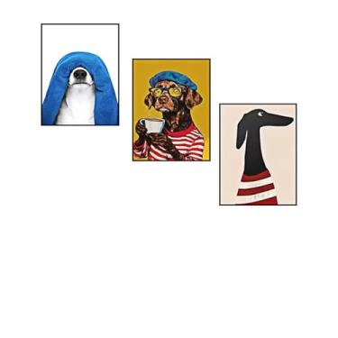 Imagem de PHWWDSUQA 3 peças DogQuirky arte de parede em tela imagens coloridas de cães, pôsteres estilo kitsch, decoração de parede, para quarto de crianças, sala de estar, quarto, animal de estimação, 40 x 61