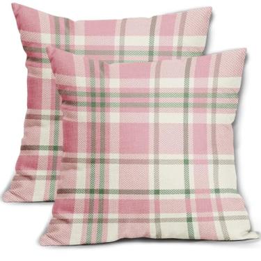 Imagem de Capas de almofada xadrez de Páscoa, 40,6 x 40,6 cm, conjunto de 2 capas de almofada rosa verde búfalo xadrez primavera férias tartã sazonal ao ar livre fazenda capa de almofada decoração para sofá