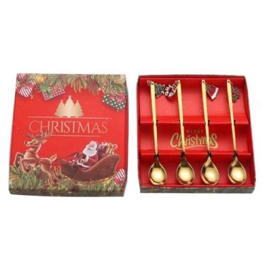 Imagem de Conjunto de colheres de aço inoxidável de Natal Ins Style, 4 peças, pingente criativo de sobremesa, colher de café, conjunto de caixa de presente estilo americano para presente de Natal (prata/ouro