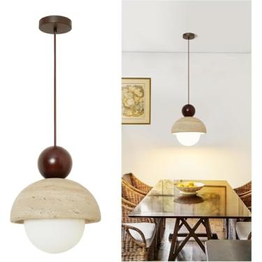 Imagem de Luminária pendente Wabi-sabi com cúpula de pedra natural, estilo japonês moderno, em madeira, com altura ajustável, ideal para quarto, cozinha, ilha, sala de jantar, restaurante, café ou bar