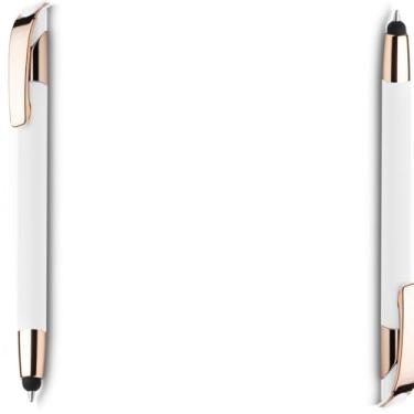 Imagem de Caneta esferográfica em metal escrita em azul com detalhe em dourado rosé. Refil tipo parker e ponta touch emborrachada Design moderno (Kit 2 Branco)