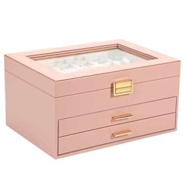 Imagem de Caixa de jóias Voova 3 camadas de couro PU rosa 25x18x13 cm