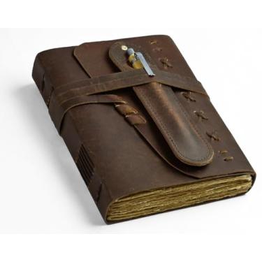 Imagem de Caderno de couro para homens e mulheres, diário, vintage, encadernado em couro, caderno de viagem, 200 bordas, pautado, papel, diário, escrita, viajantes, scrapbook, poesia, caderno de esboços,