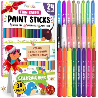 Imagem de Funcils 24 bastões de tinta finos para crianças laváveis (livro de colorir incl) | Marcadores não tóxicos para crianças de 1 a 3 anos | Funciona em papel, tela, madeira, papelão - giz de cera de