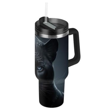 Imagem de Joisal Copos de aço inoxidável com tampa e canudos Black Cool Panther Caneca de café quente para carros Copo moderno com alça Garrafas de água isoladas de 850 g
