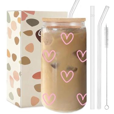 Imagem de TAGDANK Copo de vidro rosa mini corações 473 ml, copo estético fofo com tampa de plástico e canudos, presente de dia dos namorados para mulheres e meninas, presente de aniversário para ela