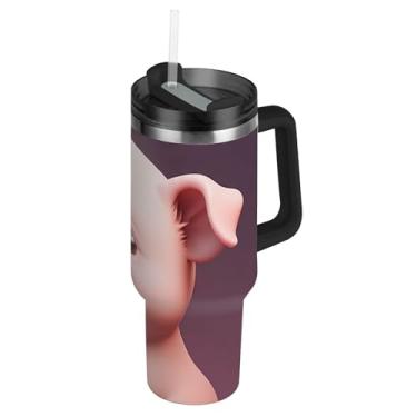 Imagem de Joisal Adorável copo rosa com coroa de porco fofo com tampas e canudos, garrafas de água isoladas de aço inoxidável, copo de 1,134 g, copo com alça, carros rosa, caneca de café, bebida quente