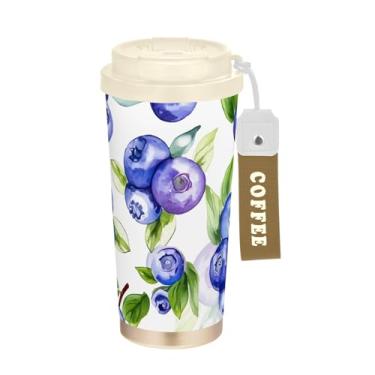 Imagem de Caneca de viagem de café 40 ml com canudo e tampa, caneca de café de aço inoxidável à prova de vazamento para escritório, escola, festa, acampamento, mirtilo, frutas azuis suculentas