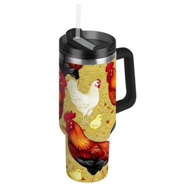 Imagem de Copos com tampa e canudo galo de galinhas amarelo de 850 g com alça garrafas de água isoladas femininas de aço inoxidável carros xícara de café bebida quente
