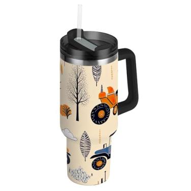 Imagem de Joisal Copo com impressão bege Tractor Farm com tampas e canudo Garrafa de água de aço inoxidável copo isolado com alça 1,134 g rosa carros fofos caneca de café bebida quente