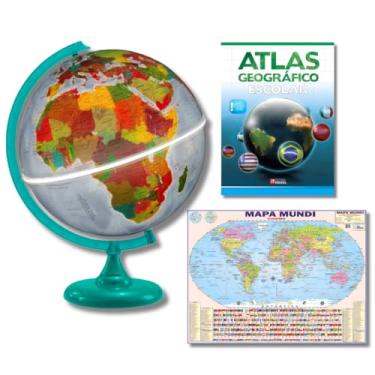 Imagem de GLOBO TERRESTRE FÍSICO POLÍTICO LUMINOSO BASE VERDE 30CM + ATLAS GEOGRÁFICO + MAPA MUNDI