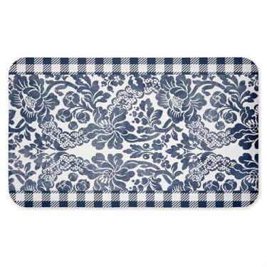 Imagem de Tapete antifadiga azul-marinho Gingham Florals, tapete ergonômico acolchoado para cozinha e pé com suporte antiderrapante, tapete confortável ecológico, design por Kim Allen, 76 cm x 45 cm