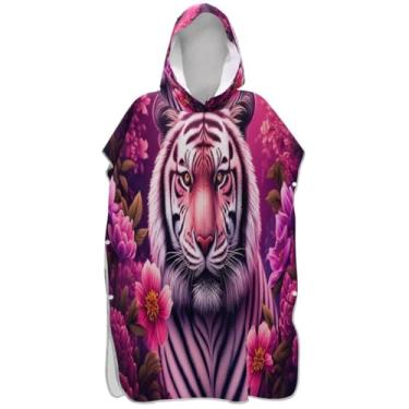 Imagem de Joisal Roupão vestível para trocar de poncho de surfe para Adul toalha de banho com capuz tigre roxo flores florais poncho masculino com capuz