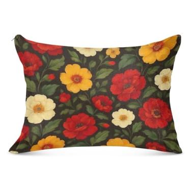 Imagem de Capa de almofada de flanela floral vintage vermelha amarela bege decorativa padrão king queen size capa de almofada fofa para cama grande, tamanho king, 50,8 cm x 101,6 cm