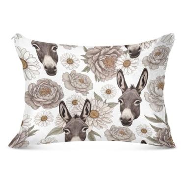 Imagem de Capa de almofada decorativa de desenho animado com flores de burro cinza com zíper King Queen Standard Fronha de almofada fofa macia para cama, tamanho Queen, 50,8 cm x 76,2 cm