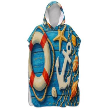 Imagem de Joisal Poncho de surf azul com âncora de desenho animado estrela do mar trocador para adultos poncho masculino de secagem rápida com capuz toalha de natação bonito