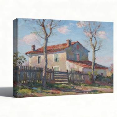 Imagem de Arte de parede em tela, paisagem de casa de campo iluminada pelo sol, cena de jardim de casa de campo impressionista, decoração de casa de fazenda rústica, impressão de pintura a óleo embrulhada em