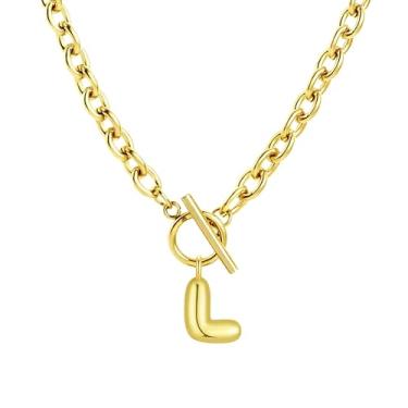 Imagem de Fiiuos Colar com inicial para mulheres, banhado a ouro 18 K, delicada, com pingente de letra bolha personalizada, corrente de elos grossos de clipe de papel com fecho de botão minimalista, joias de