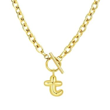 Imagem de Fiiuos Colar com inicial para mulheres, banhado a ouro 18 K, delicada, com pingente de letra bolha personalizada, corrente de elos grossos de clipe de papel com fecho de botão minimalista, joias de