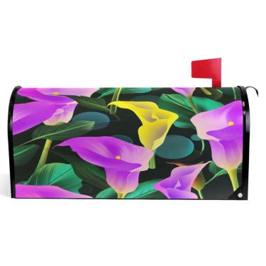 Imagem de TSENQUE Capas decorativas para caixa de correio de vinil magnético envoltório verão lírios de calla roxo amarelo fazenda caixa de correio decorações ao ar livre tamanho grande 64,5 x 52,8 cm