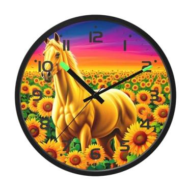 Imagem de SEHANY Relógio de parede artístico majestoso cavalos silencioso, sem tique-taque, relógio redondo operado por bateria, controle de som, luz noturna, relógios de parede para sala de estar, cozinha
