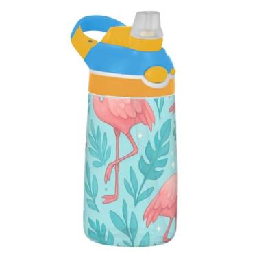 Imagem de Cute Pink Flamingos Blue Leaves Garrafa de água infantil com canudo 473 ml 473 ml Tritan Sports Garrafa de água à prova de vazamento Copos de viagem portáteis para crianças, reutilizáveis, alça de