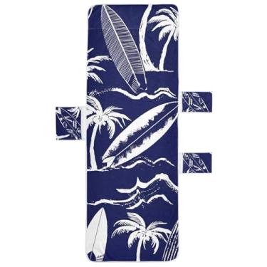 Imagem de Pranchas de surfe, palmeiras, azul marinho, capa para cadeira de praia, piscina, toalha com bolsos, espreguiçadeira, espreguiçadeira, 203 x 76 cm