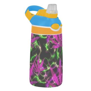 Imagem de Garrafa de água de 473 ml com canudo para crianças, meninas, meninos, 473 ml, garrafa de água esportiva reutilizável à prova de vazamento, copo infantil portátil, alça de transporte, folhas roxas