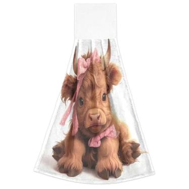 Imagem de Joisal Toalhas de cozinha fofas com estampa de vaca Highland com laço para pendurar no forno conjunto de 2 toalhas de cozinha macias absorventes decorativas, 46 x 35 cm