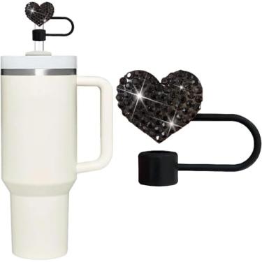 Imagem de Capa de palha Bling Hearts para Stanley Cup, strass de diamante brilhante, topos de silicone de 10 mm, topo de palha compatível com Stanley copo de 30 e 1,134 g com alça, canudos reutilizáveis (preto)