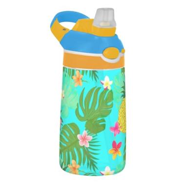 Imagem de Garrafa de água infantil com folhas verdes de abacaxi tropical, 473 ml, Tritan 473 ml, garrafa de água esportiva com canudo, copo portátil à prova de vazamento, alça de transporte