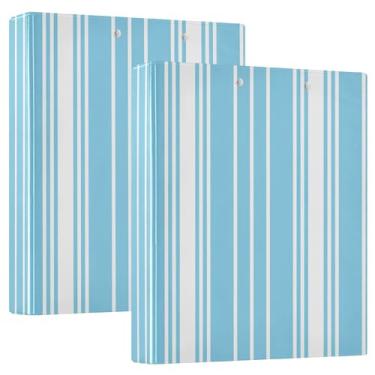 Imagem de Fichários de 3,8 cm com listras personalizadas, azul claro, branco, 3 anéis, 200 folhas, caderno, anel redondo fofo, fichário resistente, 31,5 x 27 x 6 cm, pacote com 2