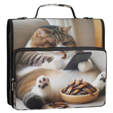 Imagem de Engraçado gato gordo 3,8 cm 3 argolas fichário D organizador com zíper bolsa escolar com alça de ombro, vários bolsos, pasta grande para portfólio