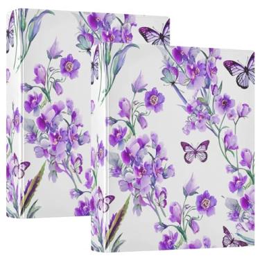 Imagem de Aquarela personalizada flores roxas borboletas fichário de 3 cm 3 anéis comporta 200 folhas, 3 pastas de anel, anel redondo, 31,5 x 27 x 6 cm, pacote com 2