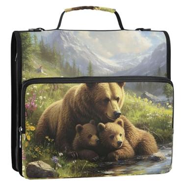 Imagem de Organizador de fichário com zíper, pintura de urso, paisagem, 3 argolas de 3,8 cm, anel D, bolsa divertida com alça para armazenamento escolar, pasta de portfólio com alça