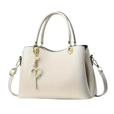 Imagem de Bolsa de Mão Feminina Elegante, Couro Sintético Preto, Alça Transversal Removível, Pingente de Coração com Cristais (Branco)