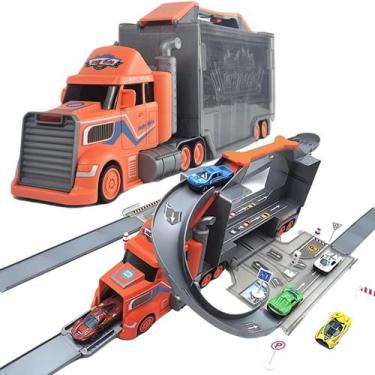 Imagem de Caminhão Pista Brinquedo 5 Carrinhos Estacionamento Carro Divertido Ca