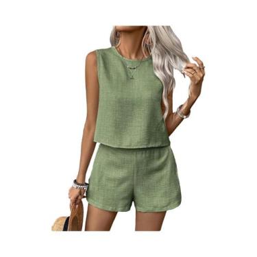 Imagem de Senhoras Cor Sólida Top E Shorts Conjunto Perfeito Para Férias Tempo D