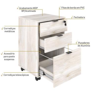 Imagem de Gaveteiro Volante 2 Gavetas e 1 Gaveta para Pastas Kugv43 Kuadra Espresso Móveis Snow/preto Ônix