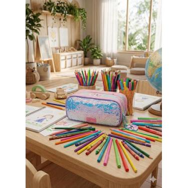 Imagem de Estojo infantil Puket Triplo Paetê Gata Sereia Verde água