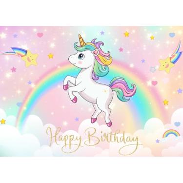 Imagem de DePhoto Decoração de aniversário de unicórnio, 2,8 x 1,8 m, faixa de fundo arco-íris unicórnio brilhante estrelas para meninas, decorações de festa de aniversário, adereços de cabine de fotos