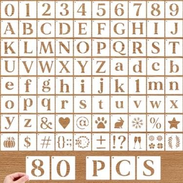 Imagem de 80 peças de estênceis de letras reutilizáveis, número e alfabeto de 7,6 cm, estêncil de padrão de símbolo para pintura de artesanato DIY em madeira, parede, pedra, sinalização, varanda de porta