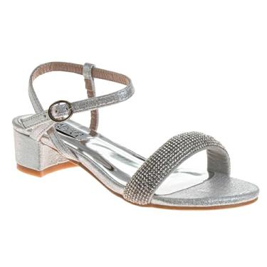 Imagem de Josmo Sandália social elegante para meninas, metálica, tira no tornozelo, salto bloco sandália para crianças pequenas e grandes, Prata, 15