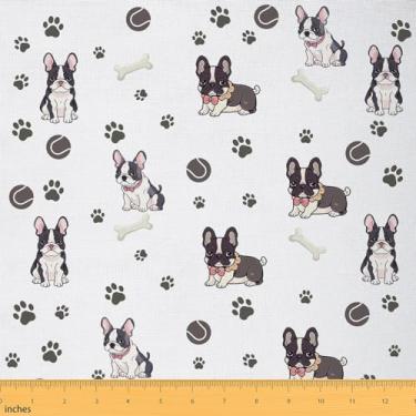 Imagem de Tecido de desenho animado de cães da The Yard Tecido aquarela fofo filhote de cachorro animal de estimação para amantes de costura cinza com estampa de pata tecido grafite para decoração de quarto e