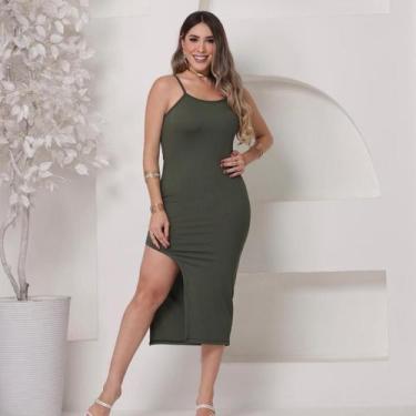 Imagem de Vestido Midi Canelado com Fenda - Único - Sem marca, Militar, Único