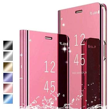 Imagem de Hikissny Capa para iPhone 5, Ultra Slim Flip Clear View Capa translúcida de pé Espelho Plating Capa de proteção de corpo inteiro para iPhone 5, Rosa ouro