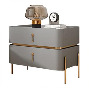 Imagem de Mesa de cabeceira moderna de meados do século | Mesa de cabeceira para decoração de casa com pernas de metal e 2 gavetas de armazenamento | Mesa lateral contemporânea para sala de estar, quarto, cinza