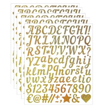 Imagem de Adesivos de letras de 5 folhas, adesivo do alfabeto 440, letras autoadesivas de vinil de 2,5 cm, adesivos ABC de alfabetos dourados, para números de casas de caixa de correio DIY, enfeites e